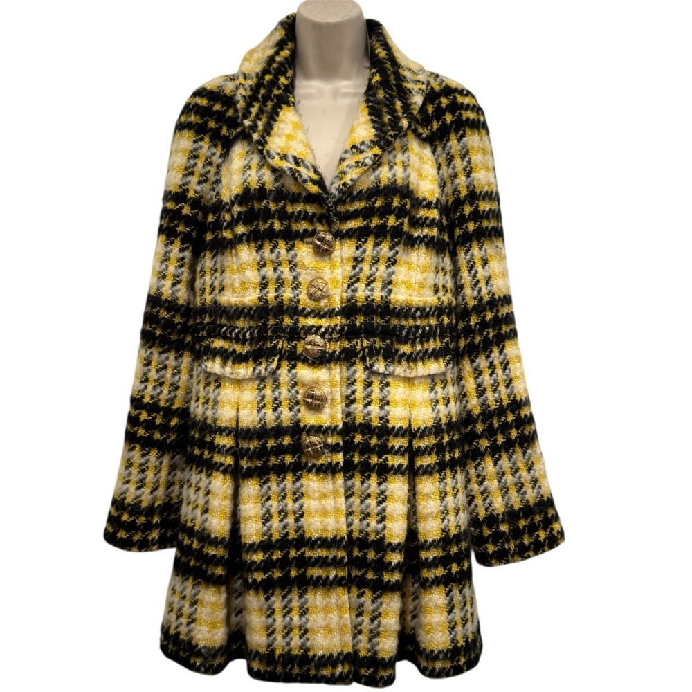 Vintage Juicy Couture Wool Plaid Coat Size M Black Yellow Clueless Y2K Peacoat